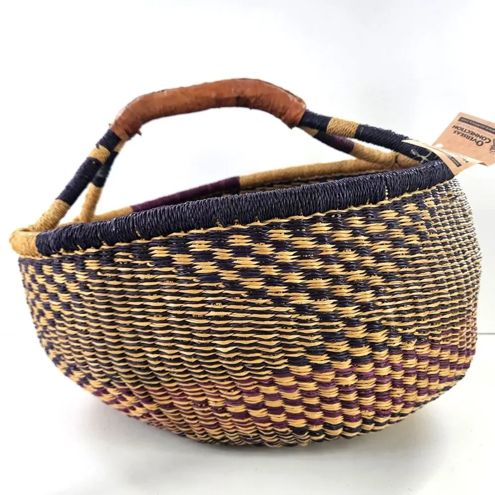 Large‎ Hand Woven Natural African Market Basket Leather Handle 16” Reshapeable